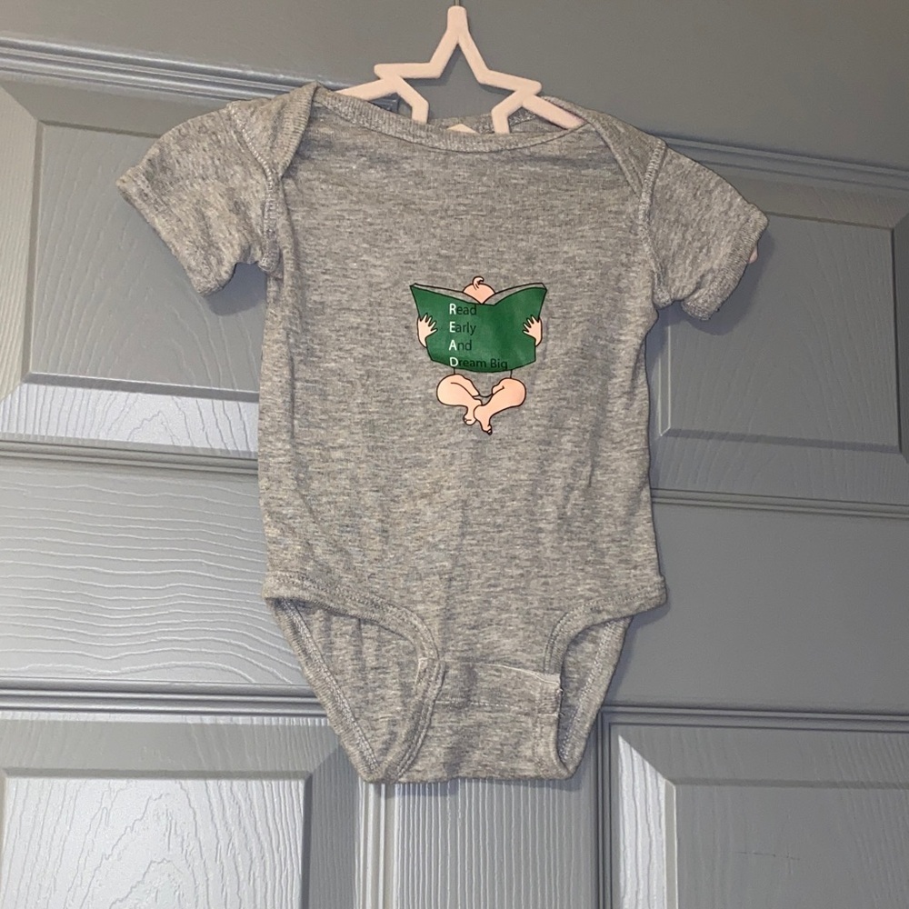 Rabbit Skins Gray Bodysuit with Green Book Graphic